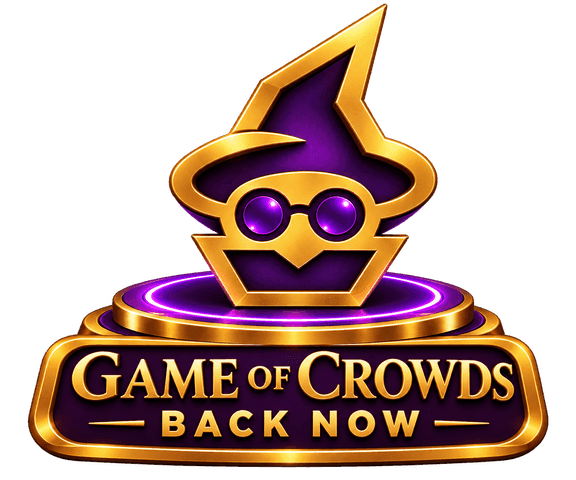 Game of Crowds logo: a golden wizard with a pointed hat and glasses standing on a lit pedestal, with "Game of Crowds — Back Now" written below