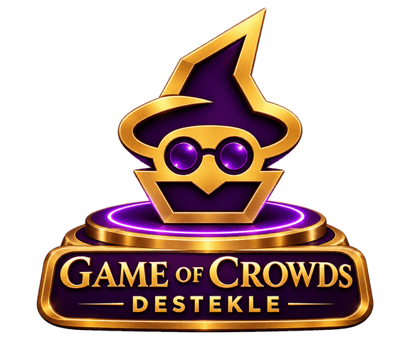 Game of Crowds logosu: ışıklı bir kaidenin üzerinde duran, sivri şapkalı ve gözlüklü altın bir büyücü; altında "Game of Crowds — Destekle" yazıyor